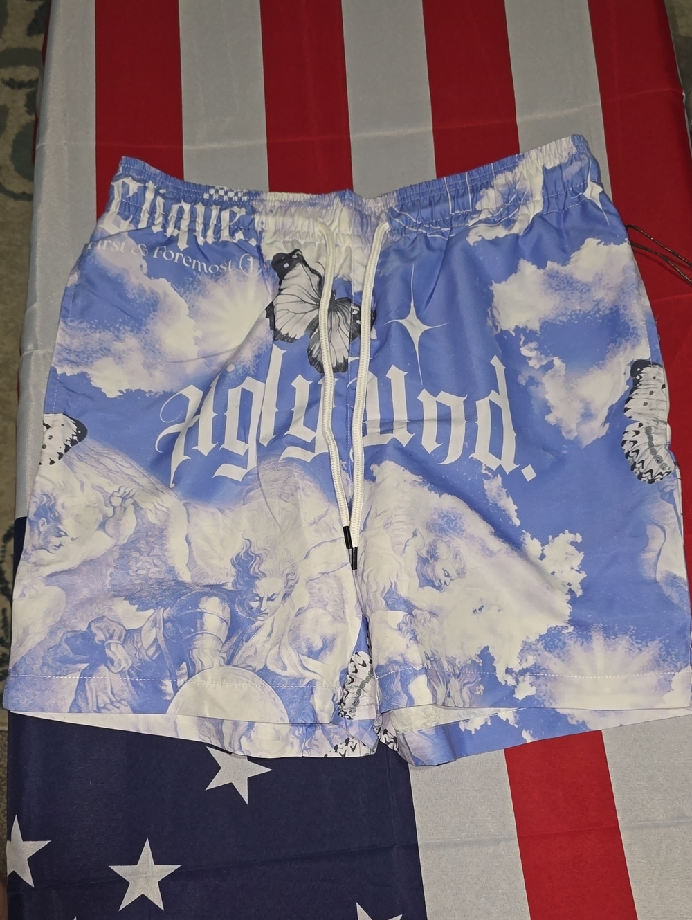 Men's Blue Printed Swim Trunks with Drawstring